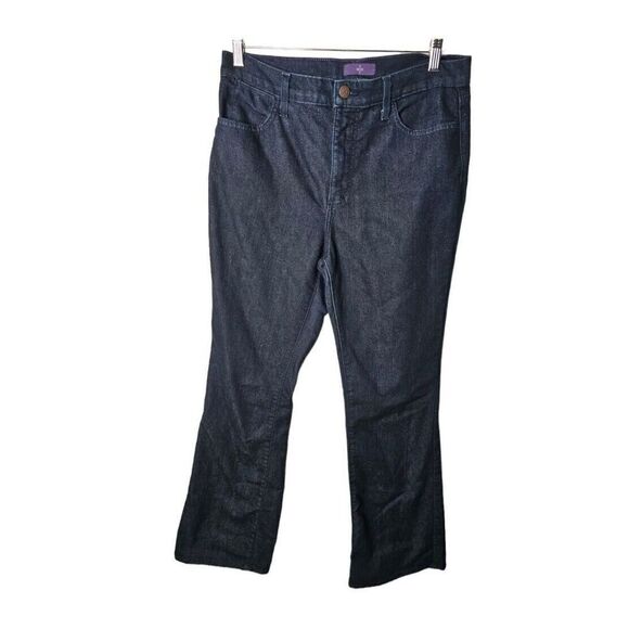 NYDJ Jeans Flare Mid Rise Lift Tuck Tech Dark Wash Embellished Pockets Size 8 - Picture 1 of 9